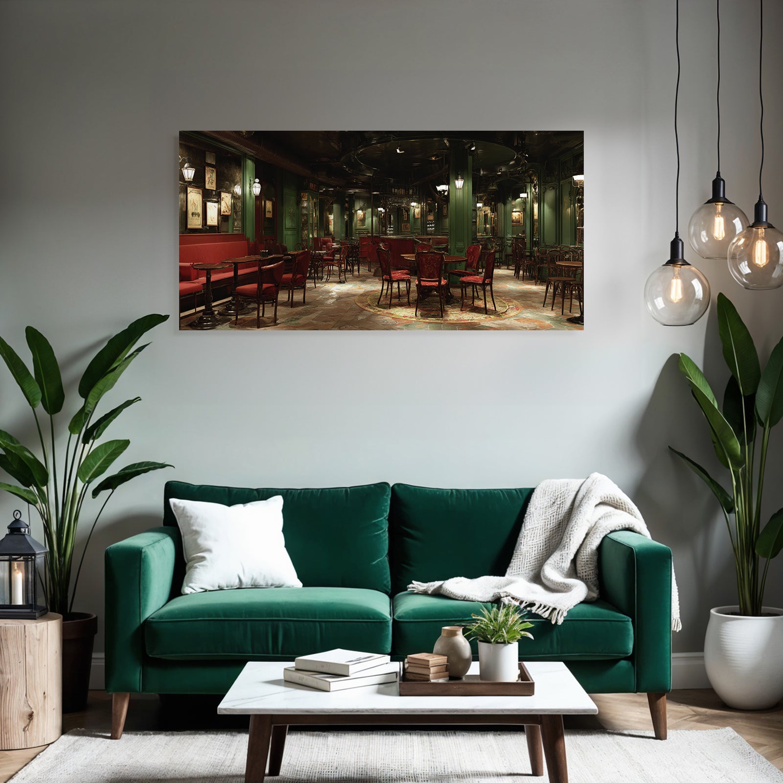 Vintage Barcafe Interior Mit Dunkelgrünen Wänden Roten Sitzen