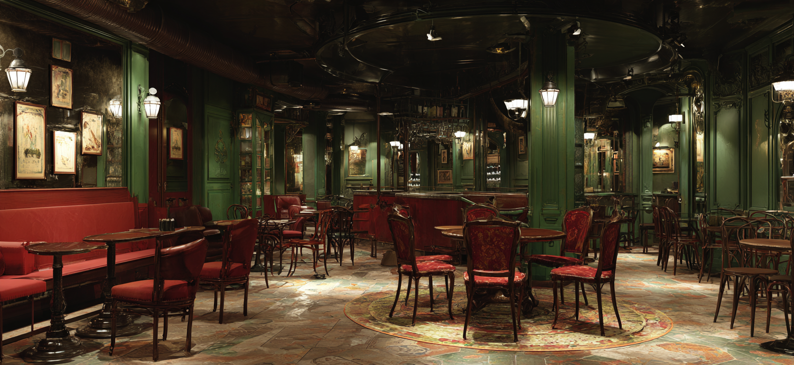 Vintage Barcafe Interior Mit Dunkelgrünen Wänden Roten Sitzen | Bars Cafes Theater Bibliotheken | Architektur
