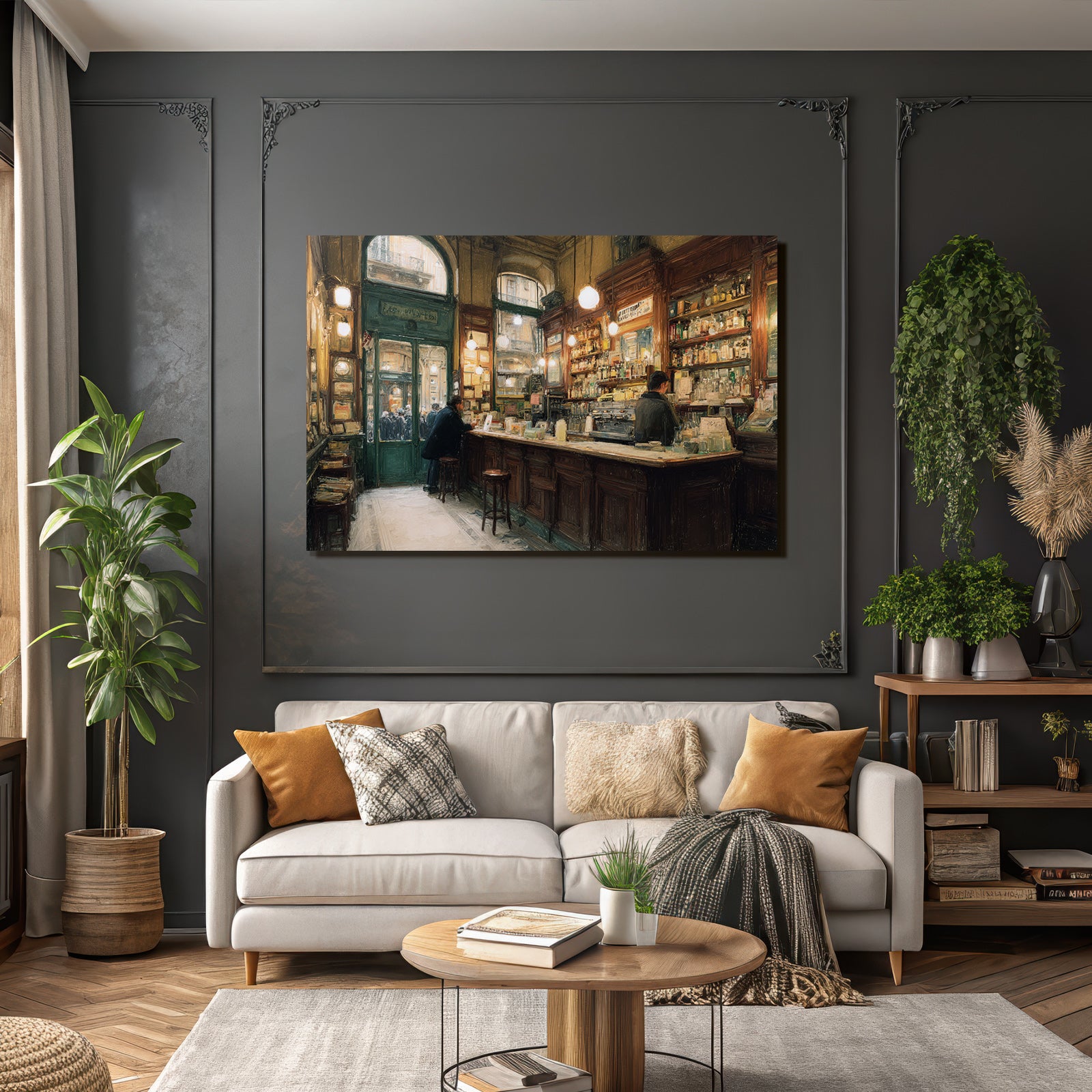Vintage Cafe Bar Interior With Wooden Furniture And Warm Lighting Effects