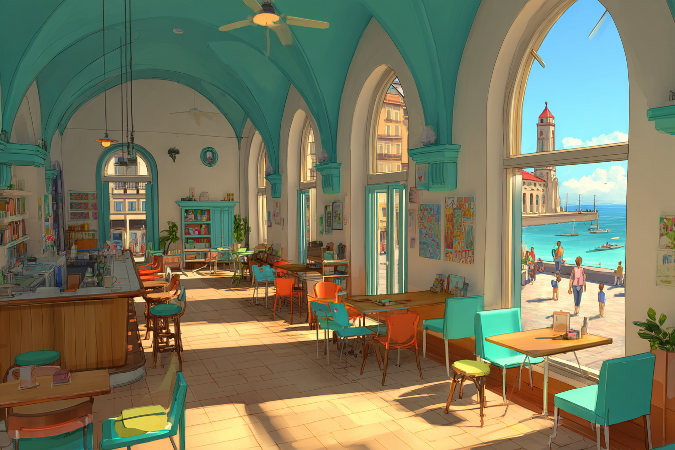 Warmes Küsten Cafe Mit Buntem Innenraum Und Meerblick | Bars Cafes Theater Bibliotheken | Architektur