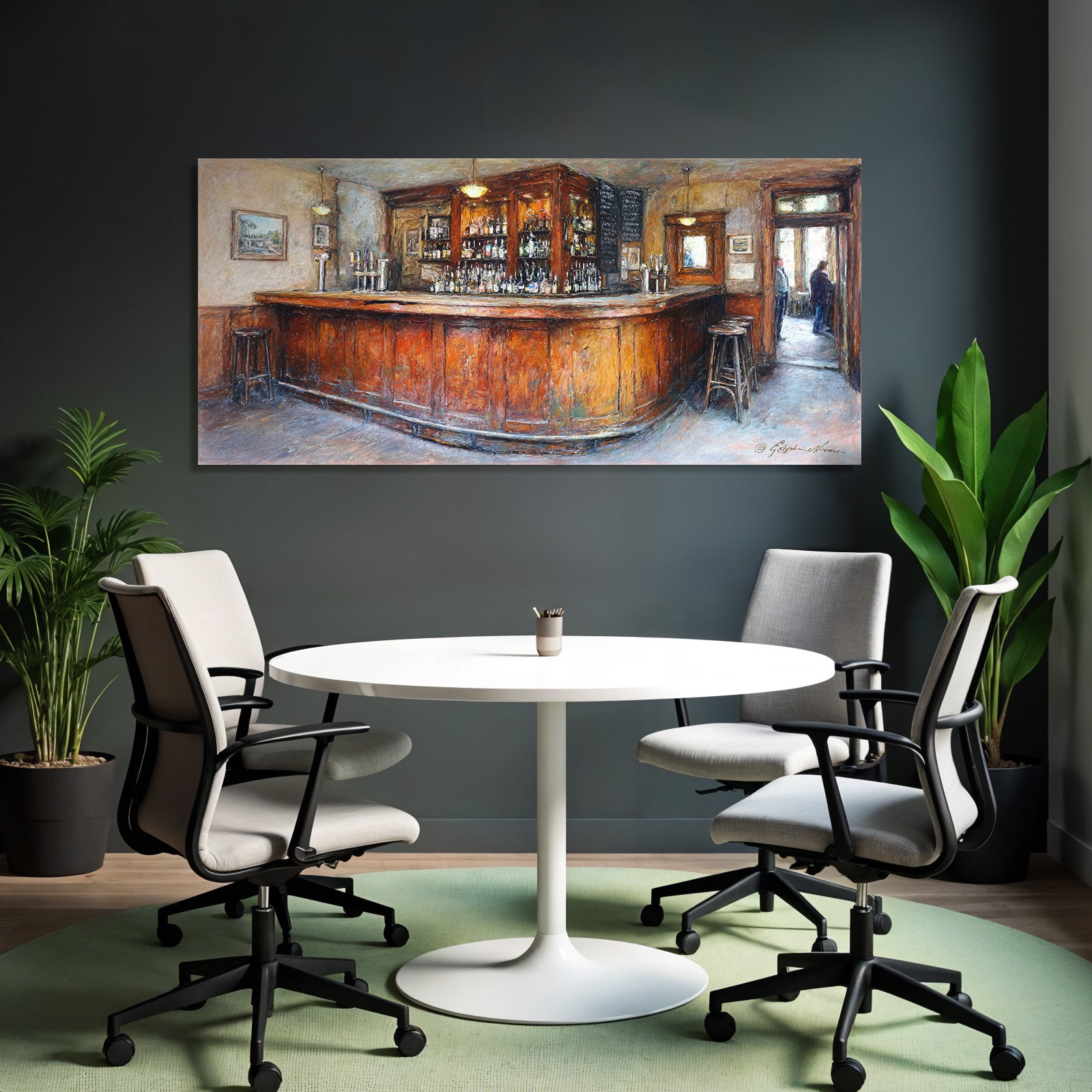 Cozy pub interior with wooden bar and soft lighting