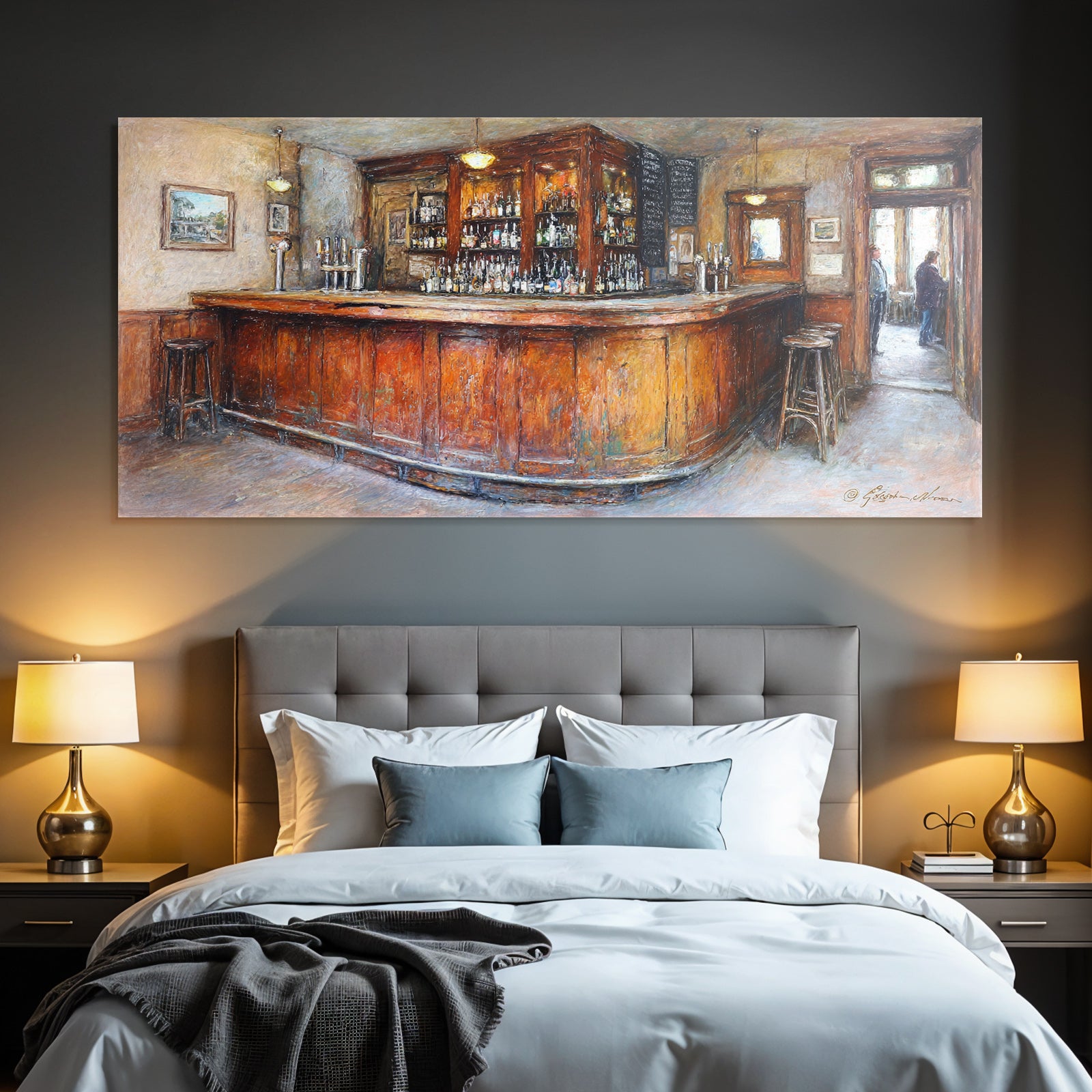 Cozy pub interior with wooden bar and soft lighting