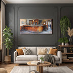 Cozy pub interior with wooden bar and soft lighting