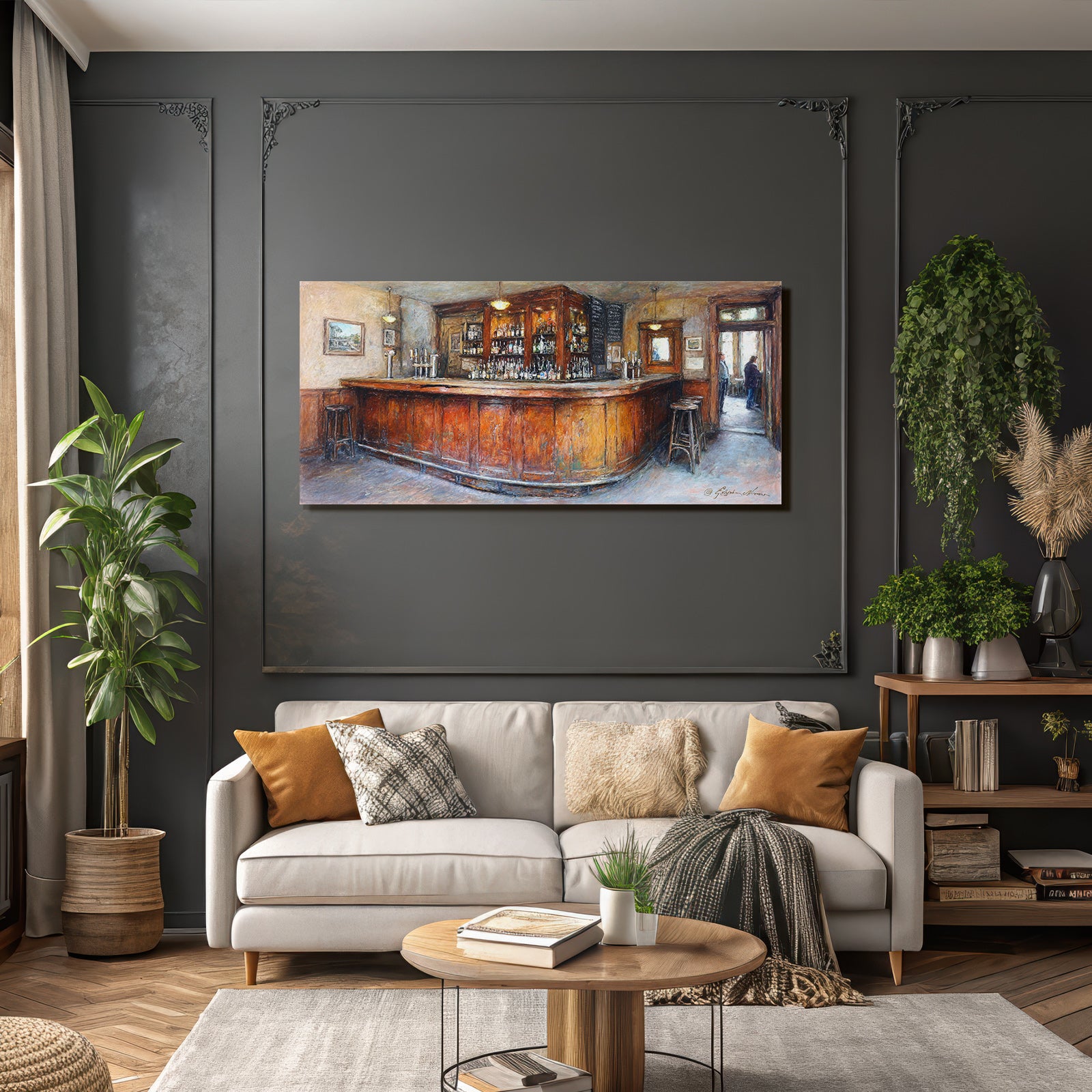 Cozy pub interior with wooden bar and soft lighting