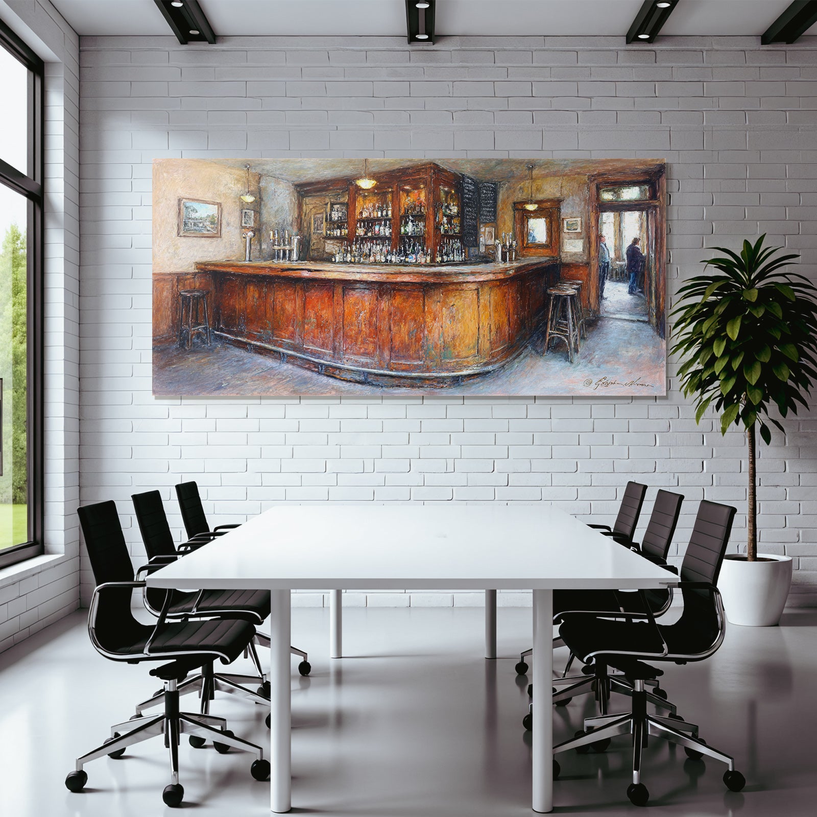 Cozy pub interior with wooden bar and soft lighting