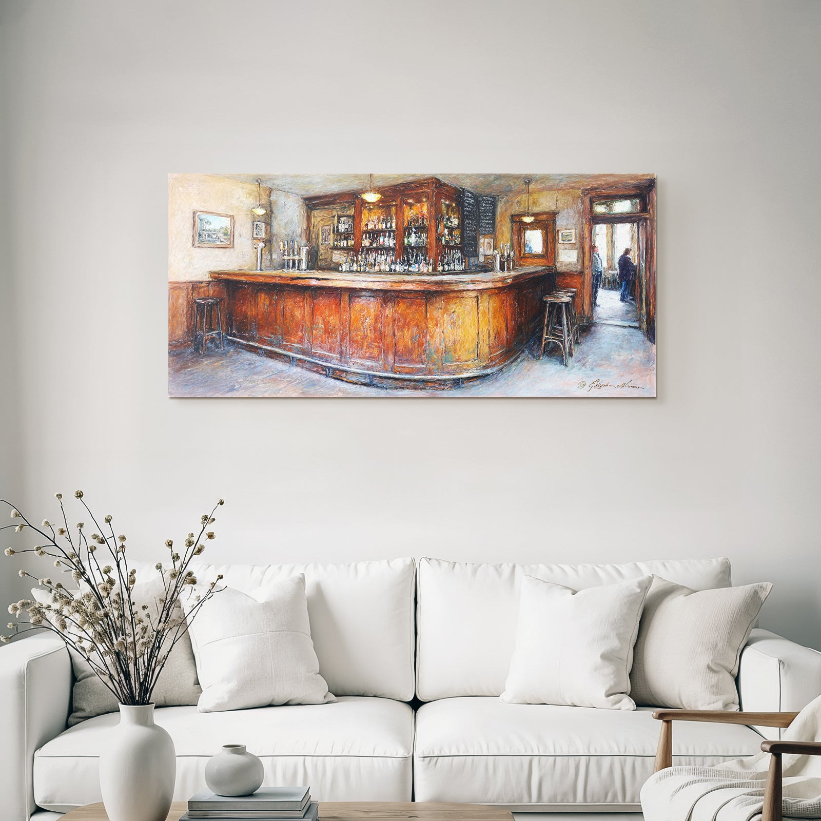 Cozy pub interior with wooden bar and soft lighting
