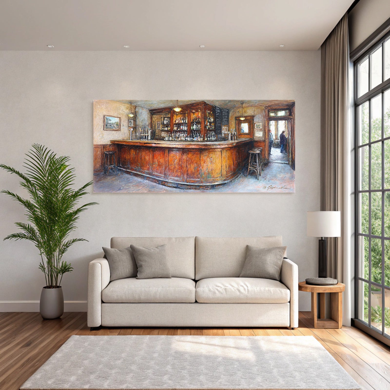 Cozy pub interior with wooden bar and soft lighting
