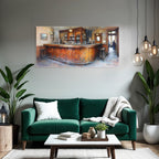 Cozy pub interior with wooden bar and soft lighting