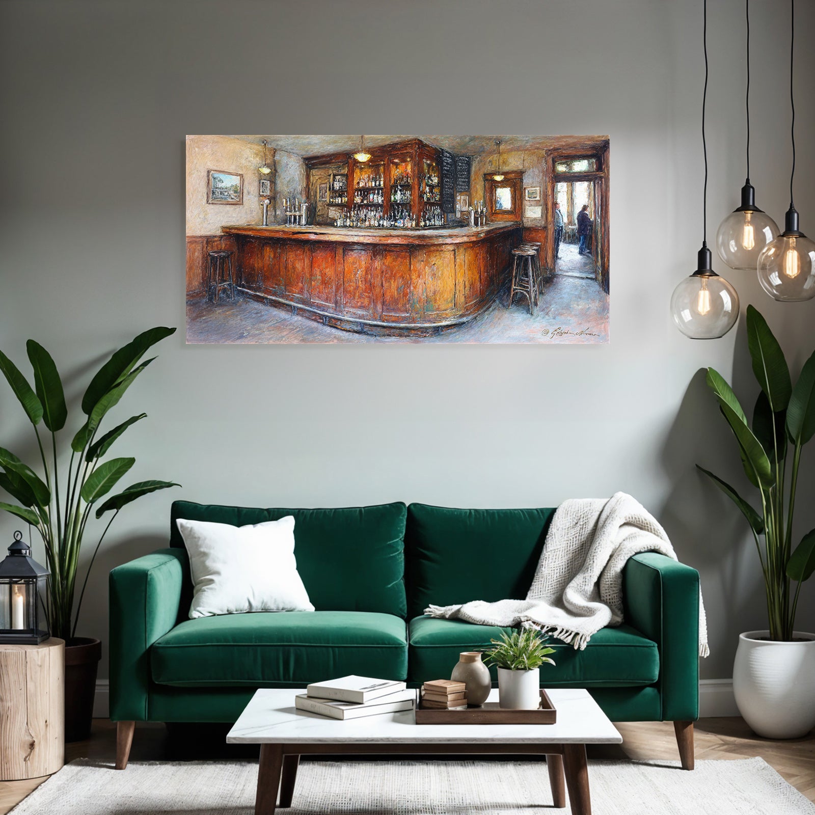 Cozy pub interior with wooden bar and soft lighting
