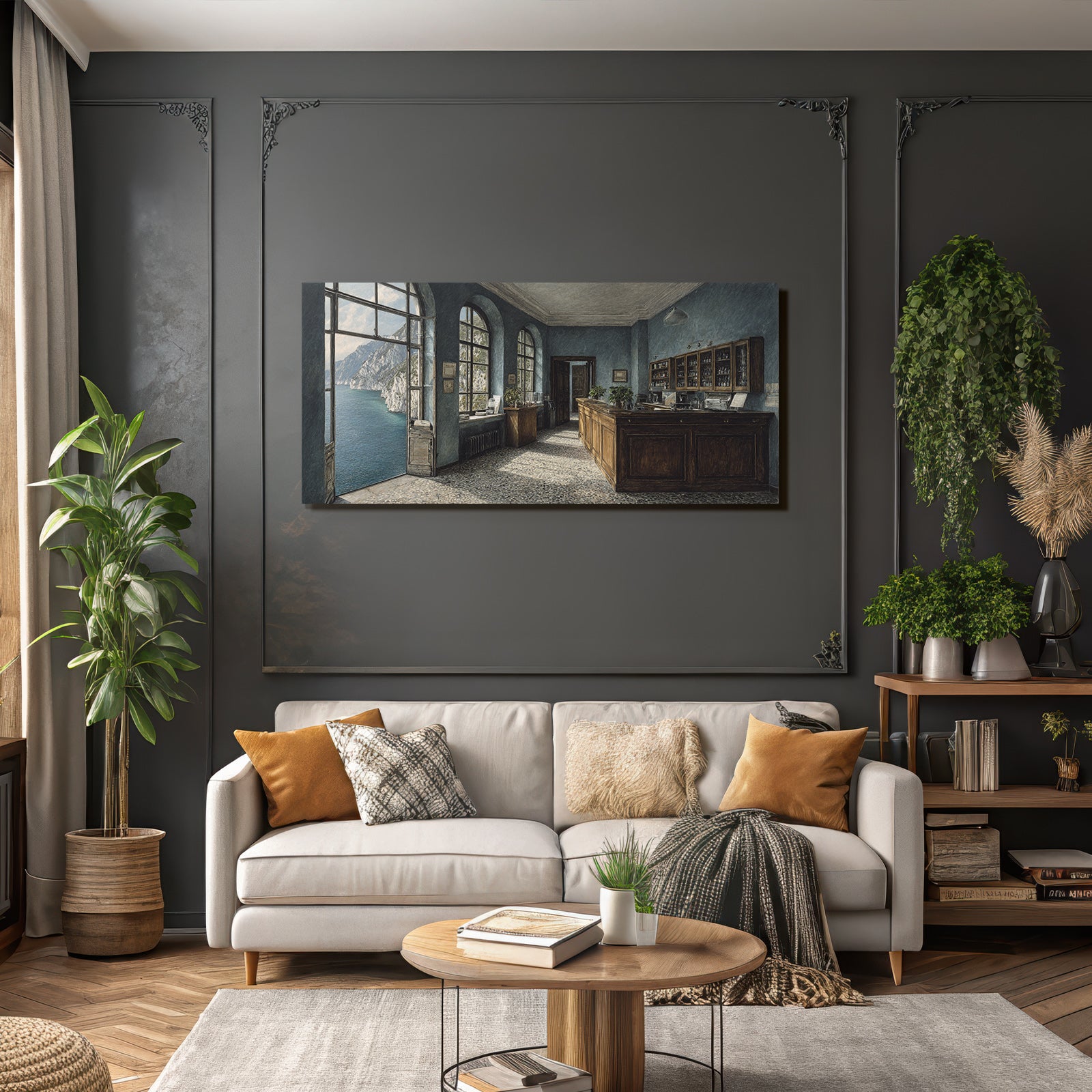 Room interior view with mountain and water views