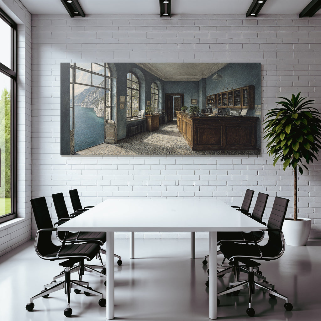 Room interior view with mountain and water views