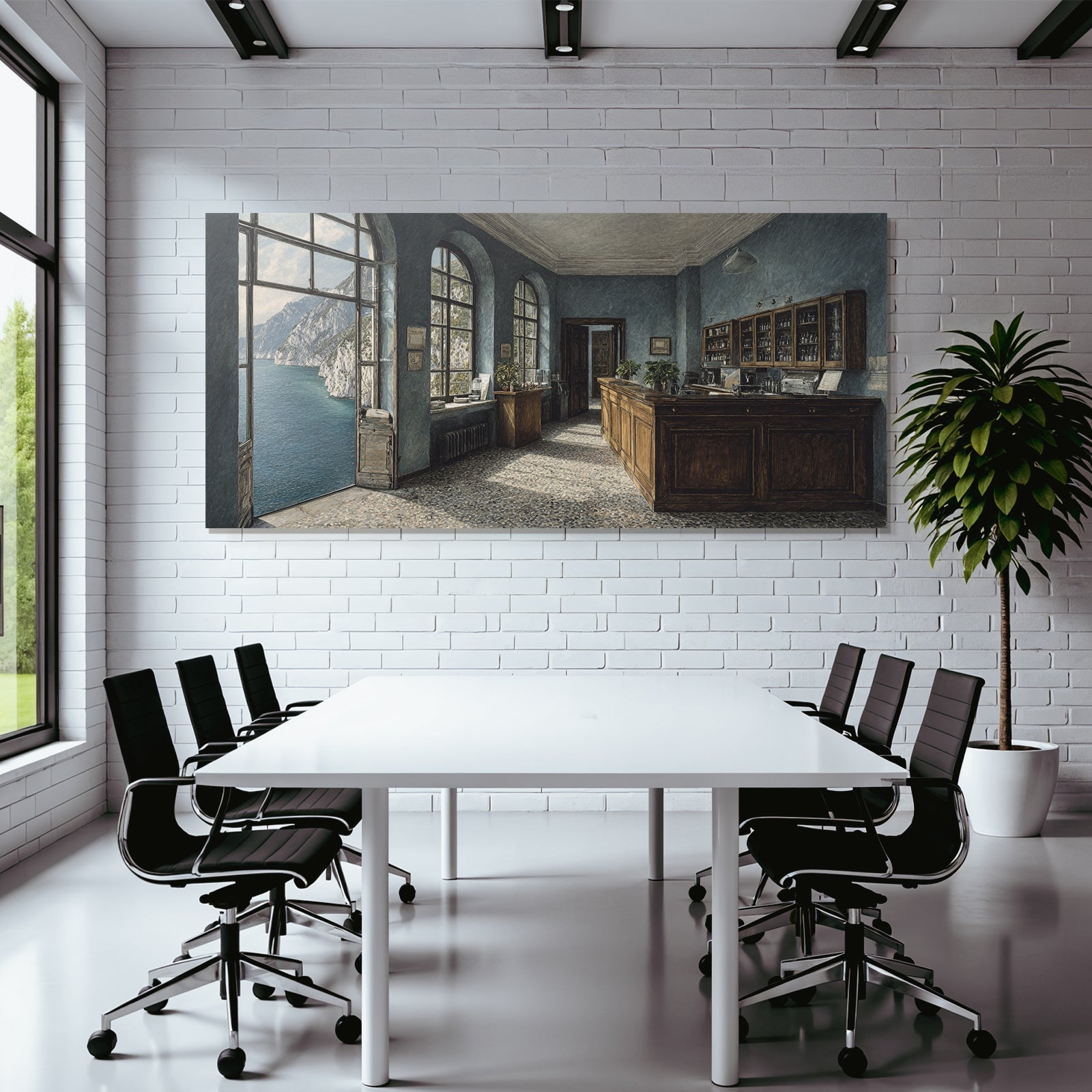Room interior view with mountain and water views