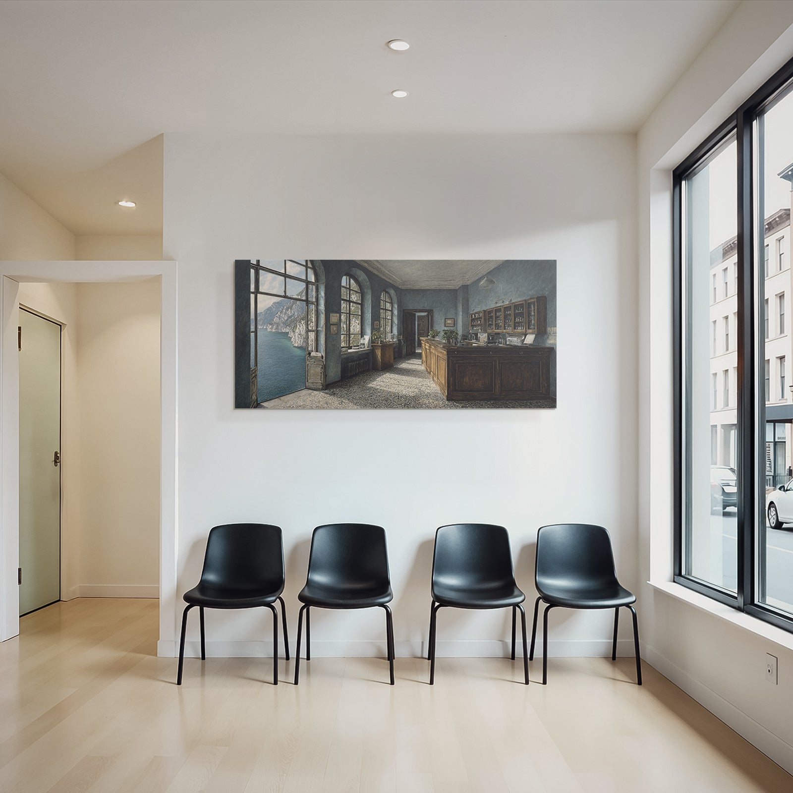 Room interior view with mountain and water views