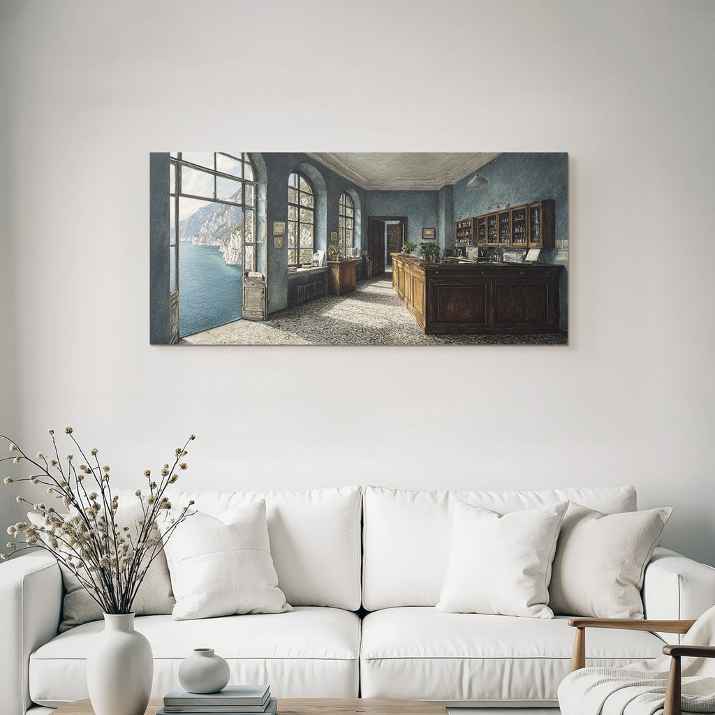 Room interior view with mountain and water views