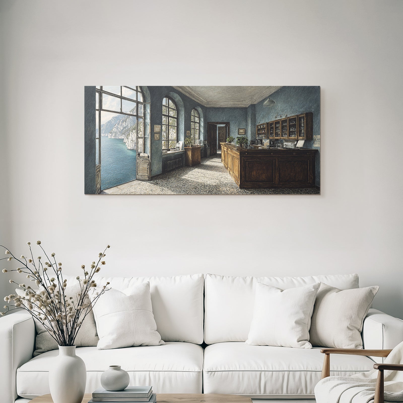 Room interior view with mountain and water views