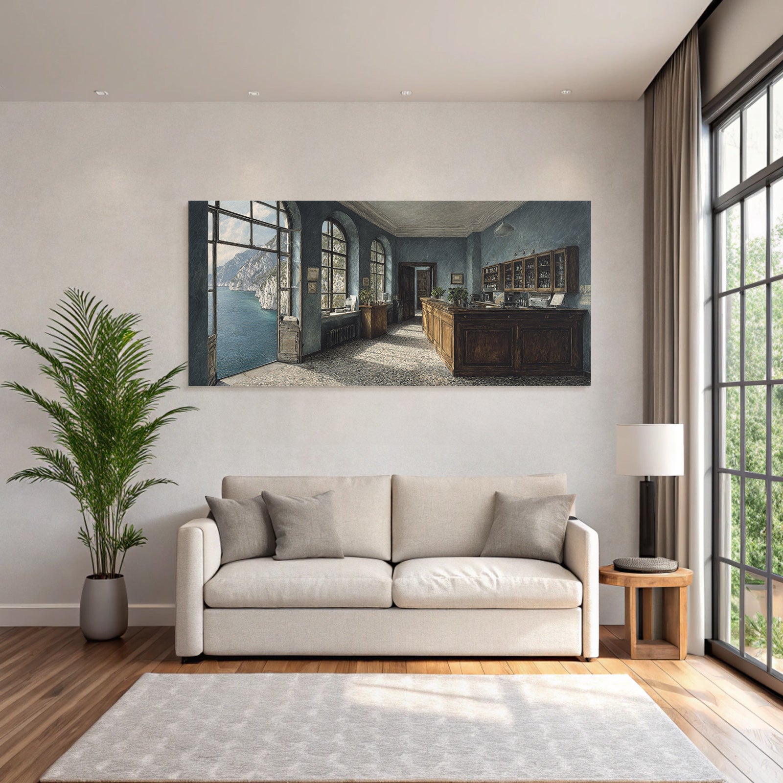 Room interior view with mountain and water views