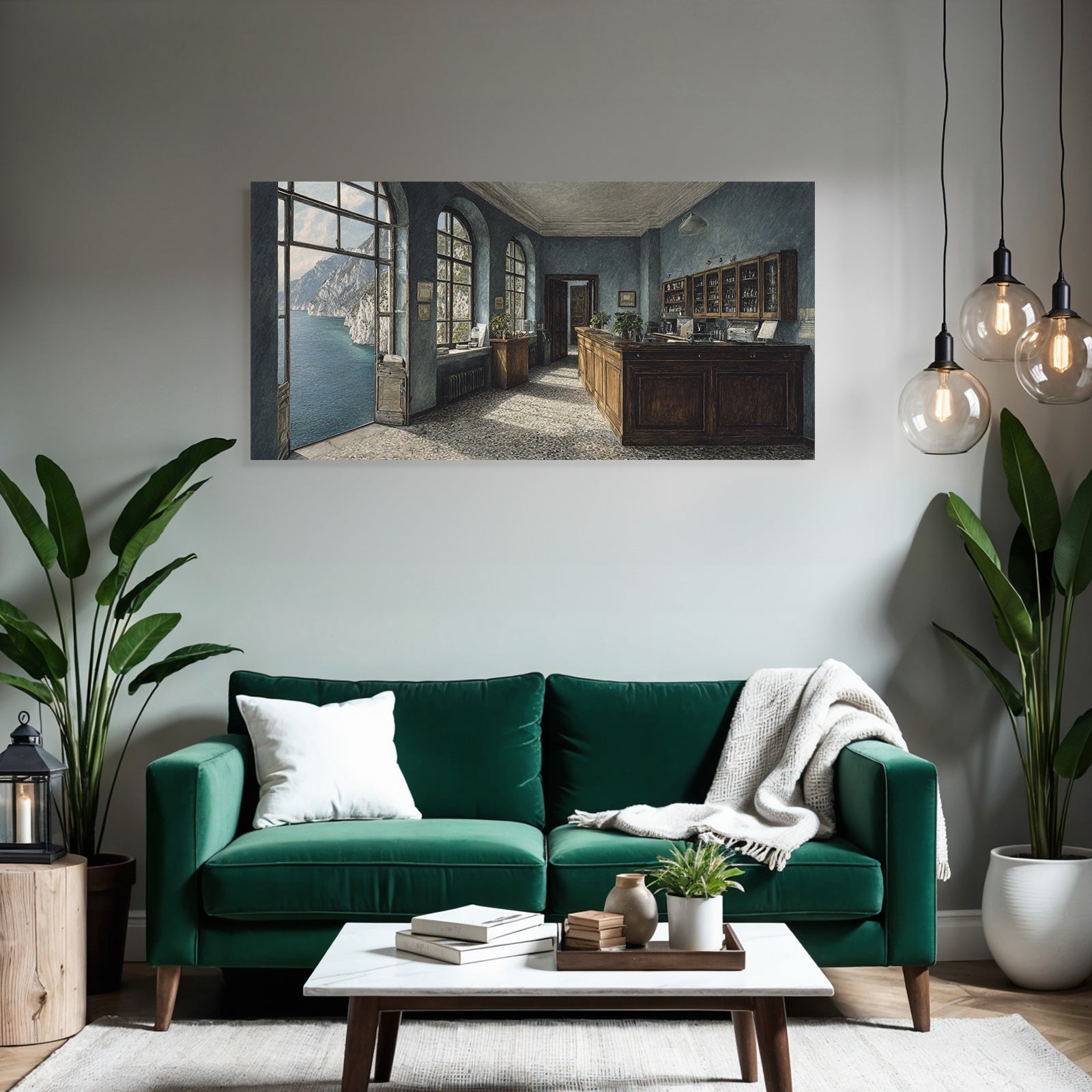 Room interior view with mountain and water views