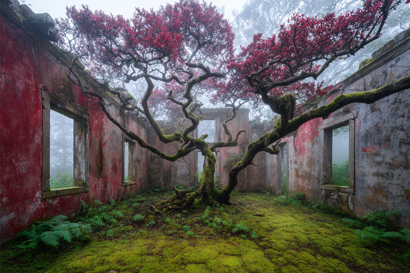 Abandoned Raum Mit Verrotteten Wänden Und Rotem Baum Im Nebel