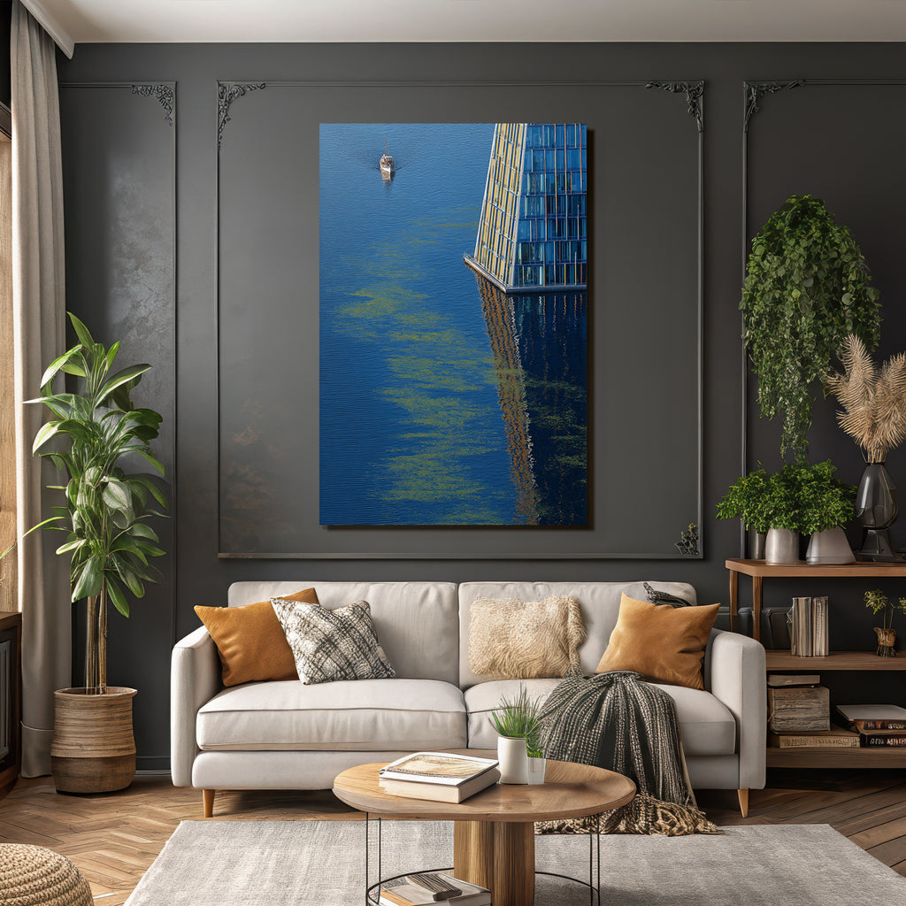 Moderne Boot Im Wasser Modernes Gebaude Reflexionen Ruhmvolle Szene