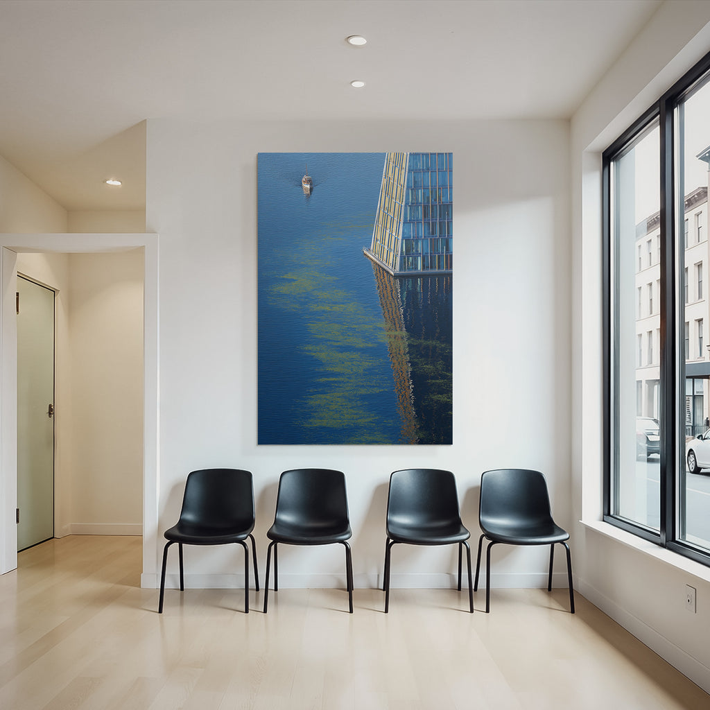 Moderne Boot Im Wasser Modernes Gebaude Reflexionen Ruhmvolle Szene