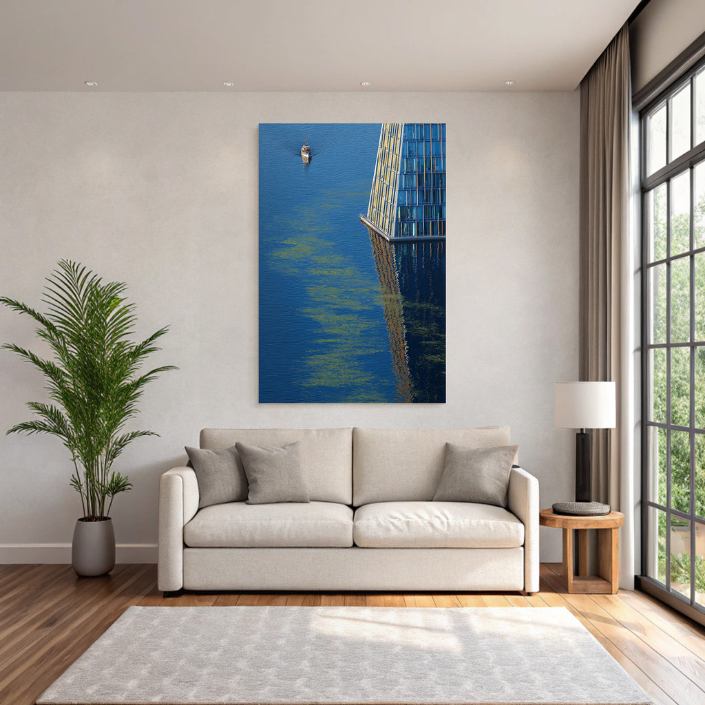 Moderne Boot Im Wasser Modernes Gebaude Reflexionen Ruhmvolle Szene