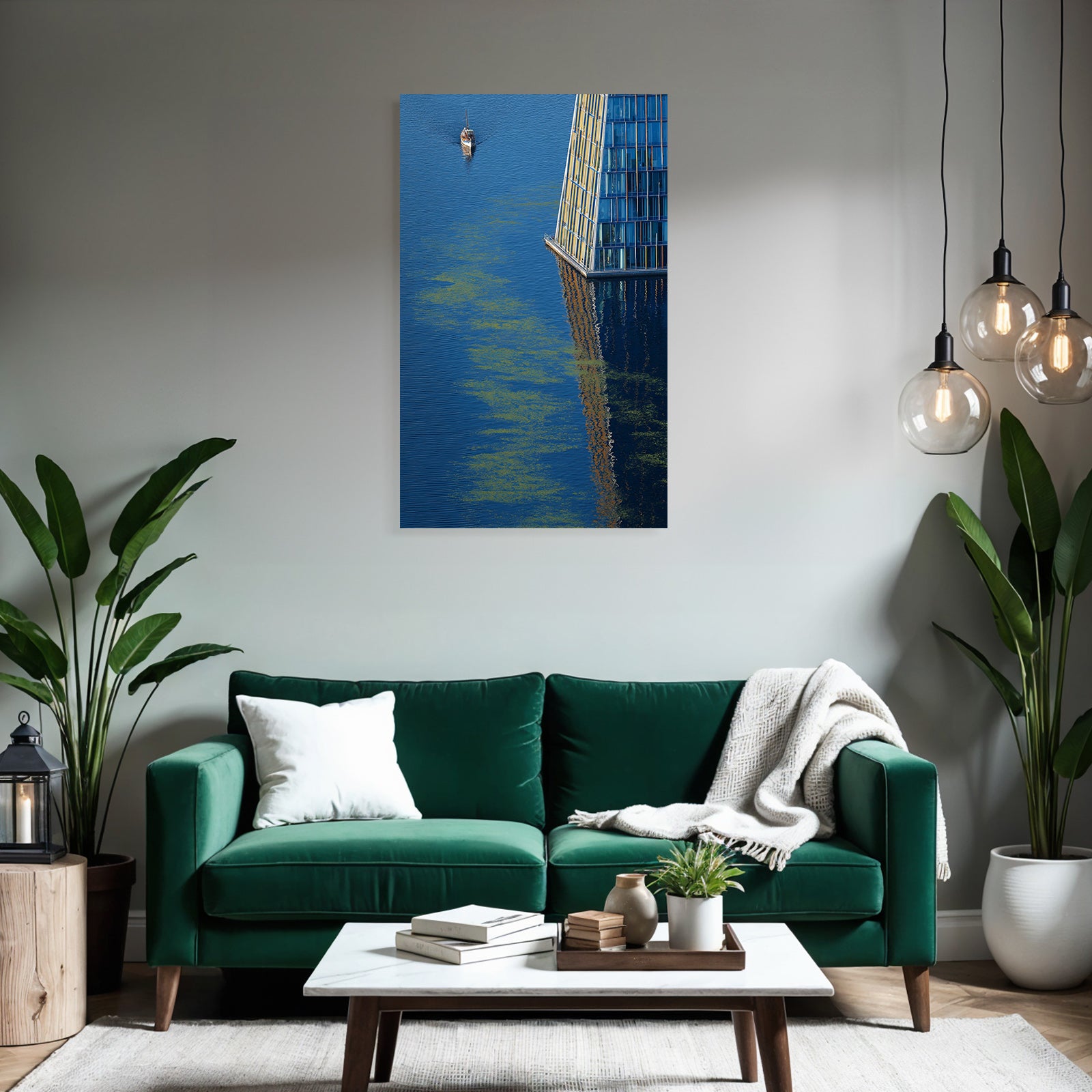 Moderne Boot Im Wasser Modernes Gebaude Reflexionen Ruhmvolle Szene