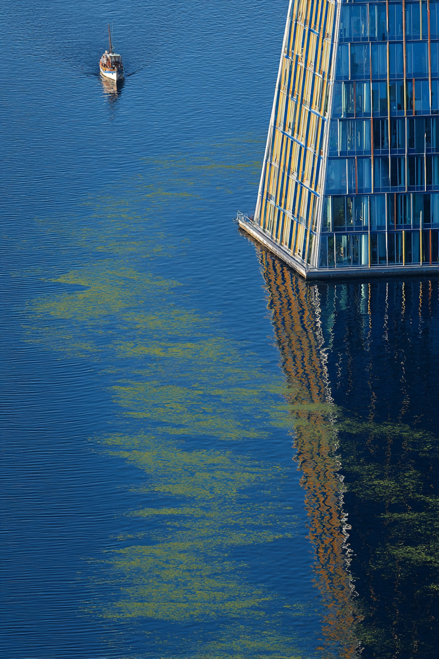 Moderne Boot Im Wasser Modernes Gebaude Reflexionen Ruhmvolle Szene | Moderne Architektur | Architektur