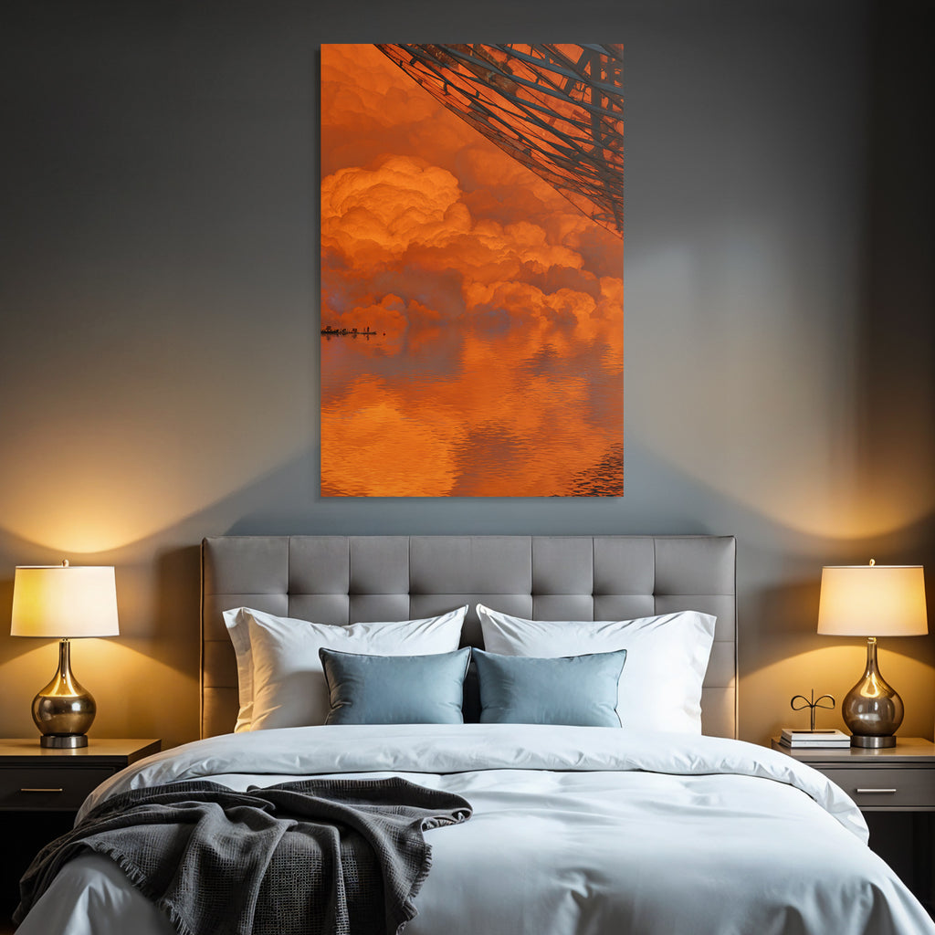Moderne Dramatische Szene Mit Orangefarbenen Wolken Und Reflexionen Im Wasser