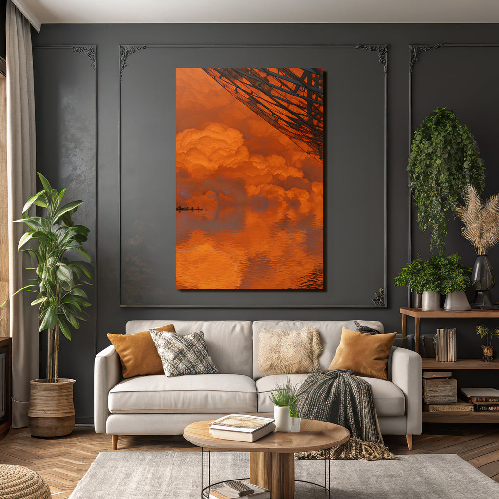 Moderne Dramatische Szene Mit Orangefarbenen Wolken Und Reflexionen Im Wasser