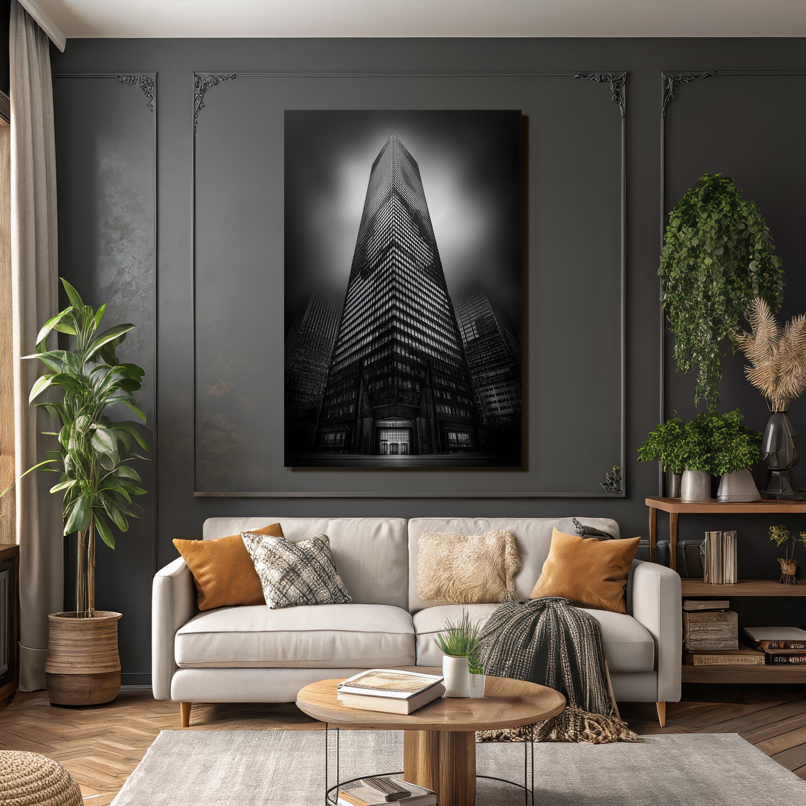 Moderne Dramatisches Schwarz Weiss Fotografie Von Einem Skyscraper Mit Reflexionen