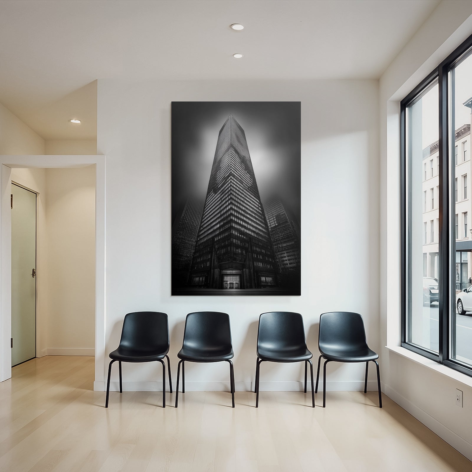 Moderne Dramatisches Schwarz Weiss Fotografie Von Einem Skyscraper Mit Reflexionen