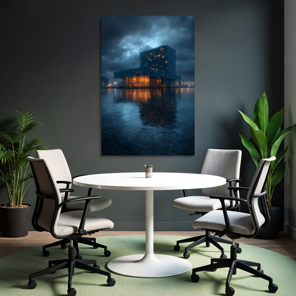 Moderne Moderne Am Abend Reflektierendes Glass Und Wasser