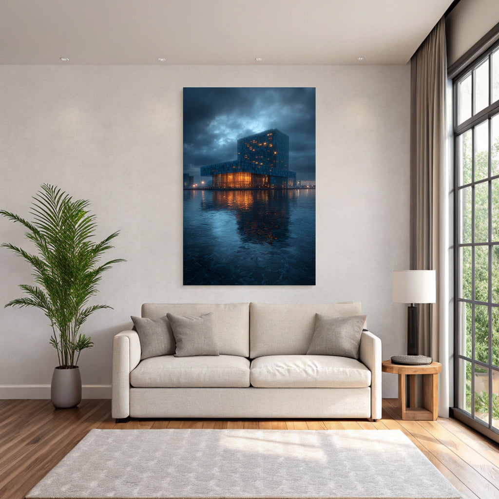 Moderne Moderne Am Abend Reflektierendes Glass Und Wasser