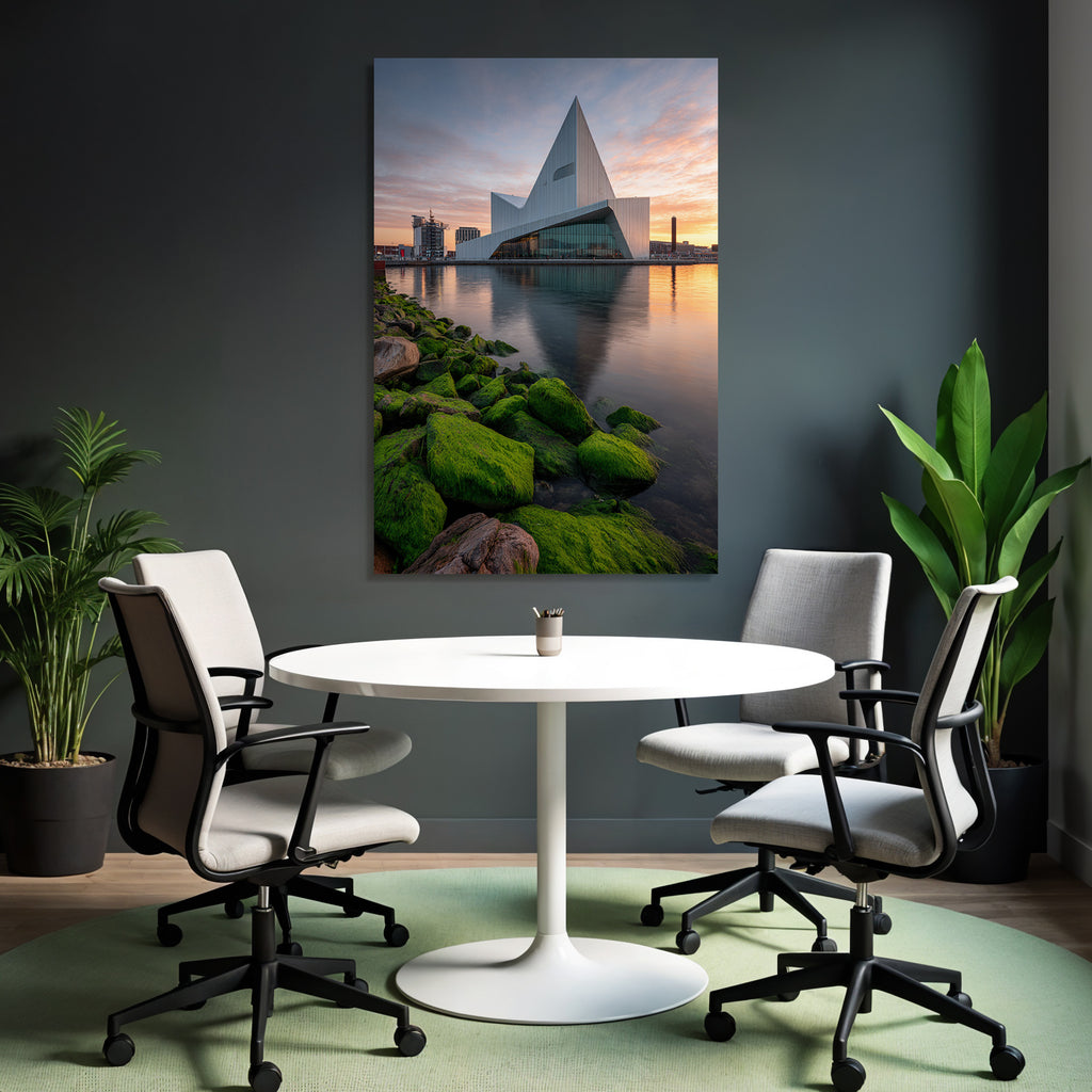 Moderne Moderne Am Wasser Mit Felsen Und Farbenfrohem Himmel