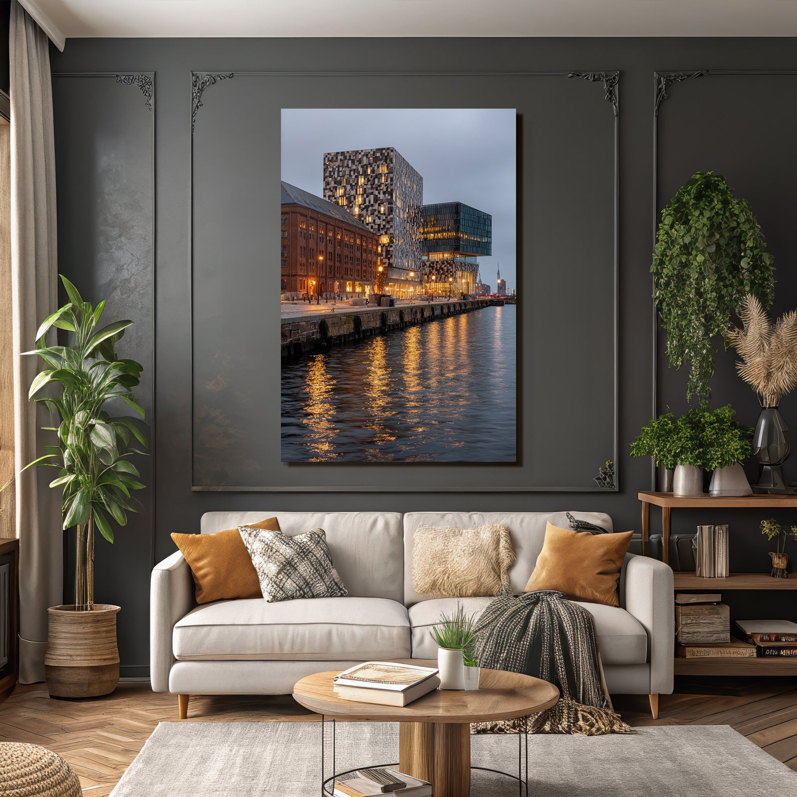 Moderne Moderne Am Wasser Mit Reflexionen Bei Dämmerung