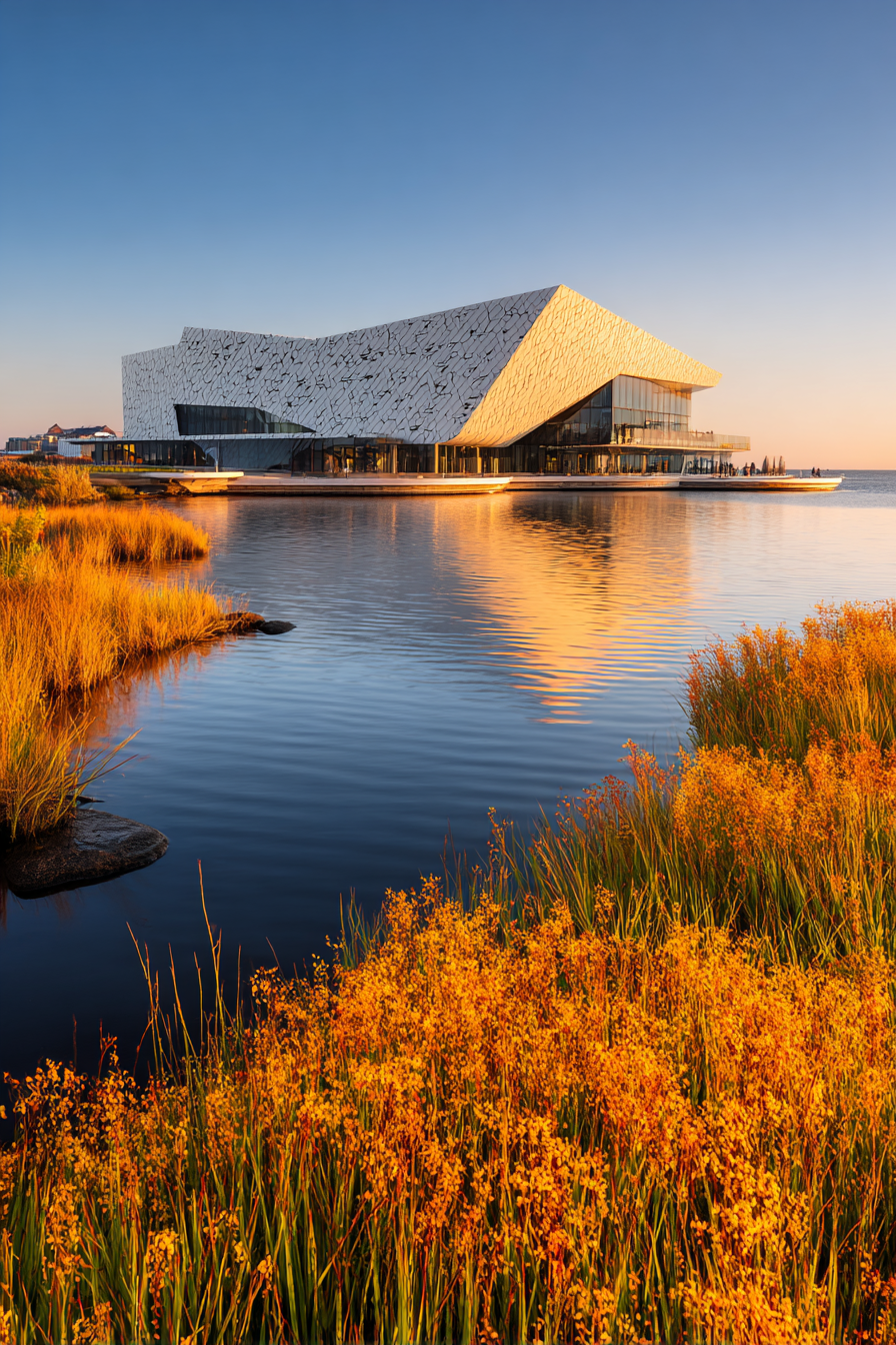 Moderne Moderne Am Wasser Umgeben Von Grünen Pflanzen Mit Orangen Blumen | Moderne Architektur | Architektur