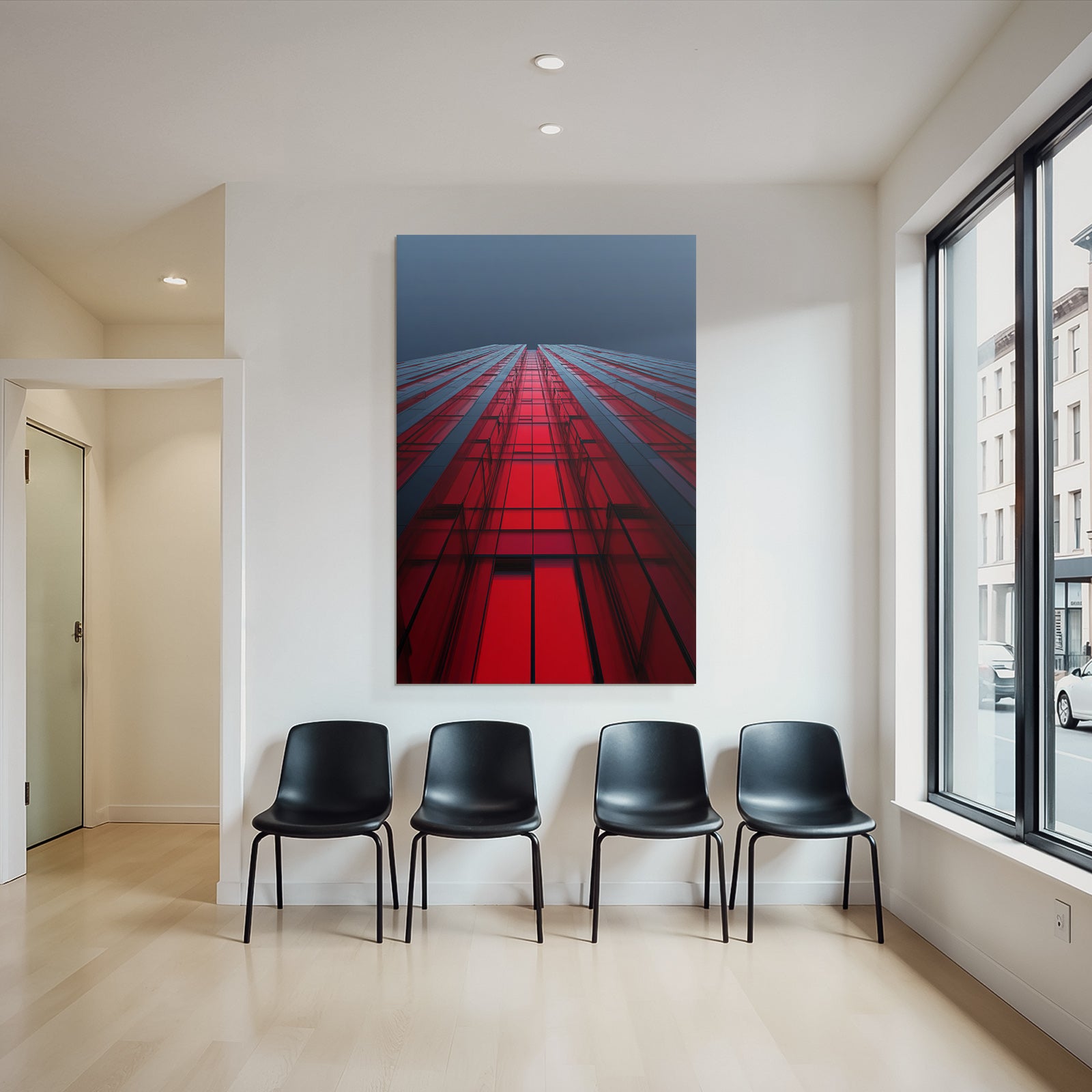Moderne Moderne Gebäude Rot Beleuchtet Himmel Gradiente Blau