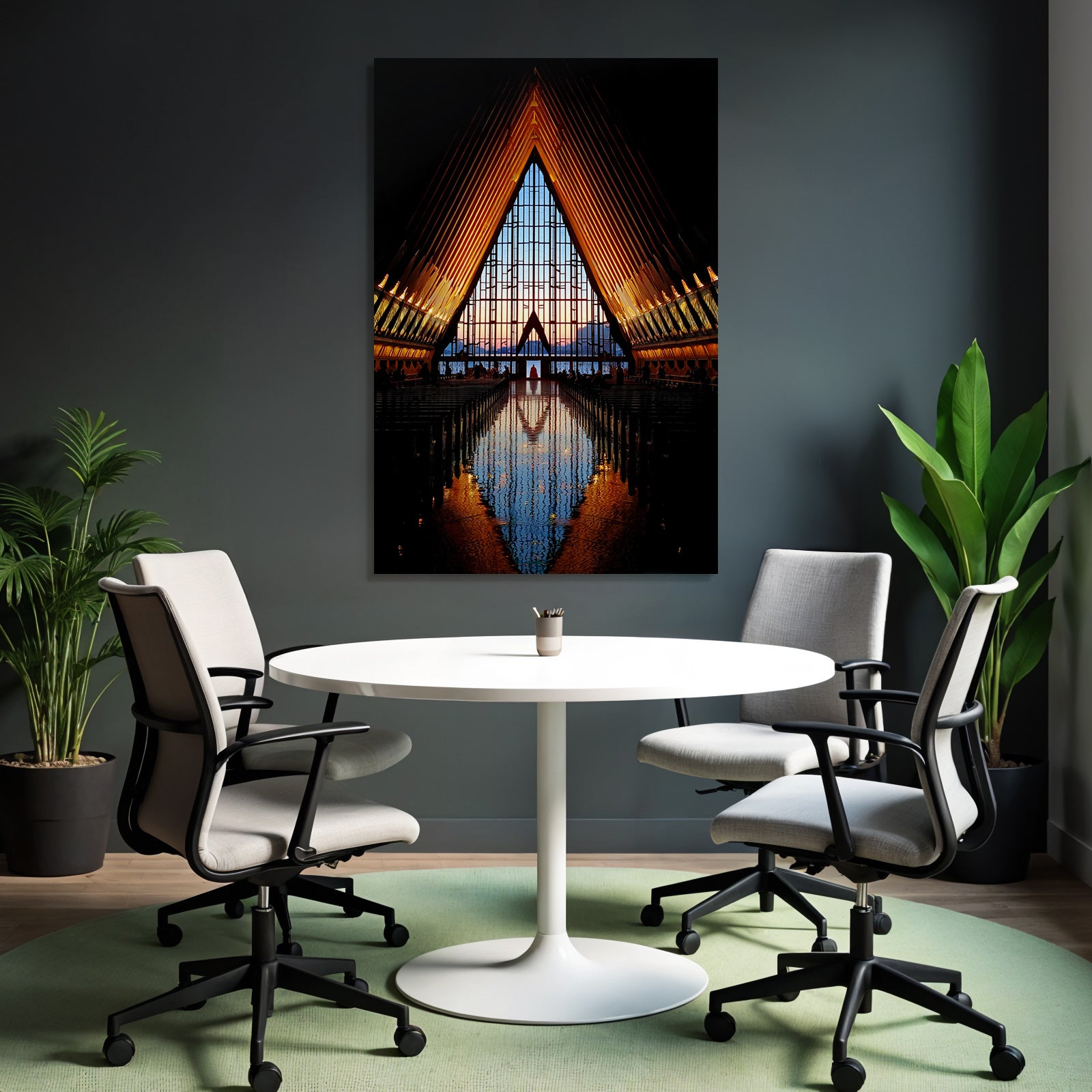 Moderne Moderne Kirche With Triangular Window And Sunset Reflection