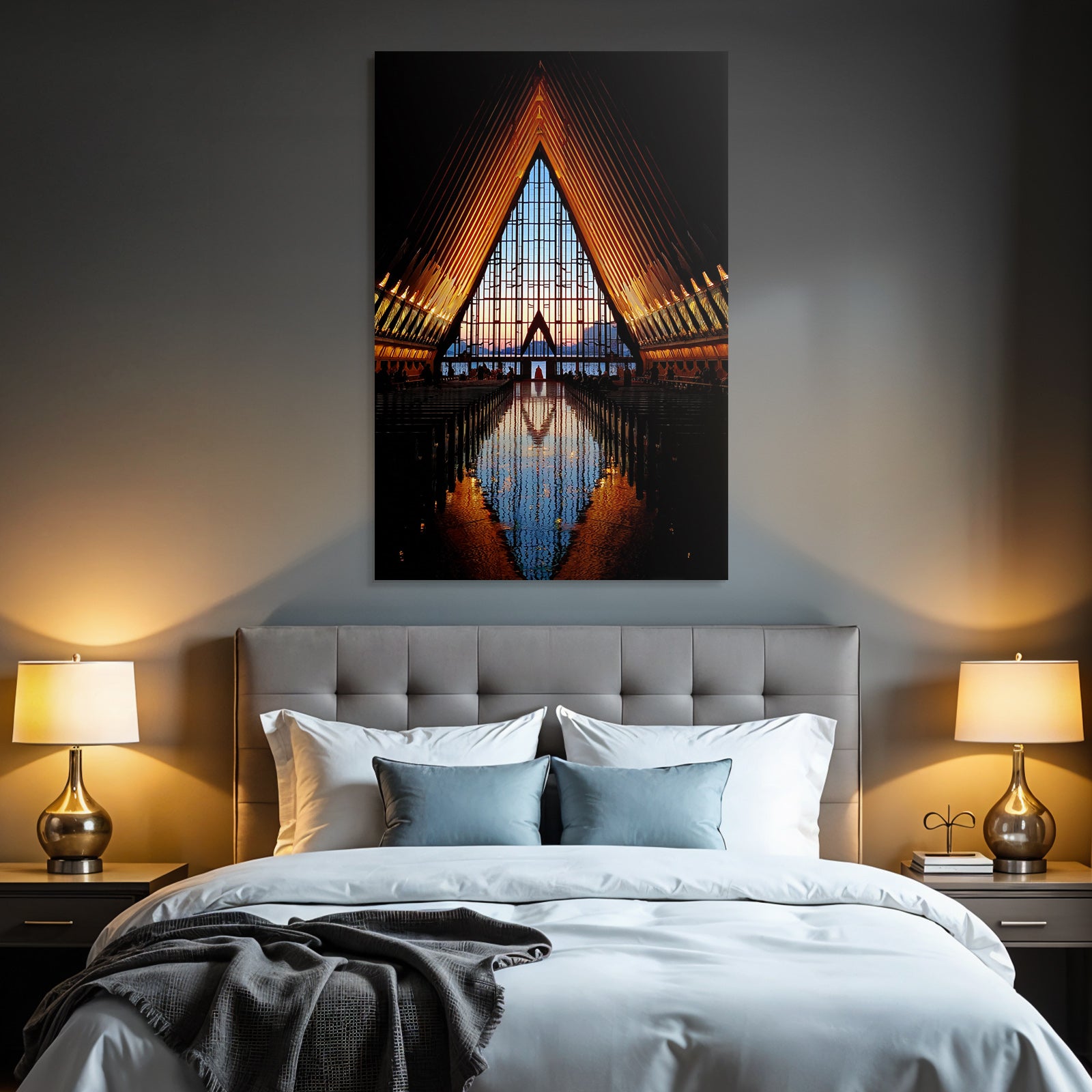 Moderne Moderne Kirche With Triangular Window And Sunset Reflection