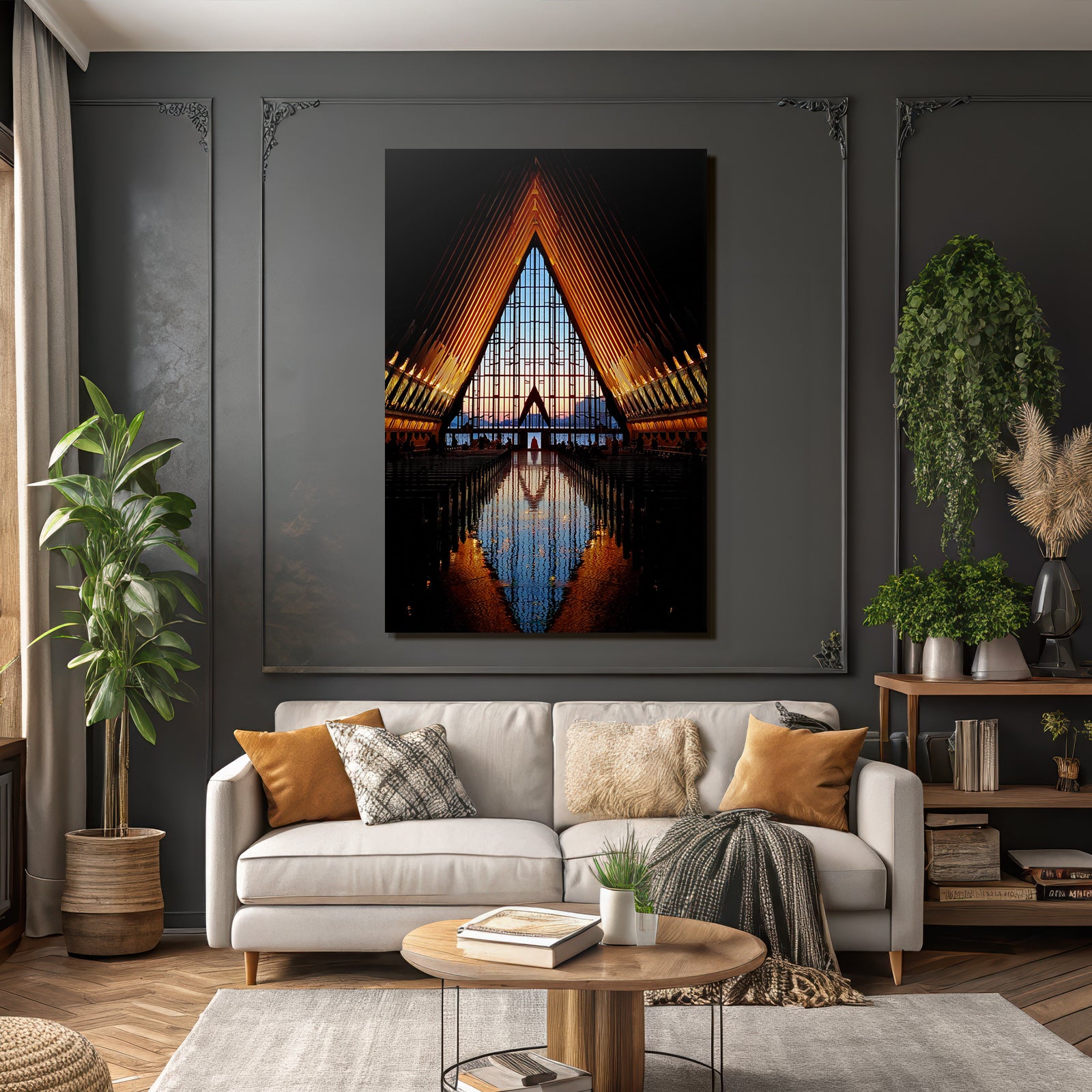 Moderne Moderne Kirche With Triangular Window And Sunset Reflection