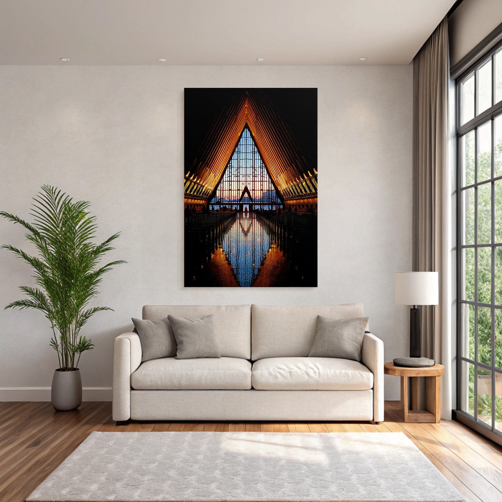 Moderne Moderne Kirche With Triangular Window And Sunset Reflection