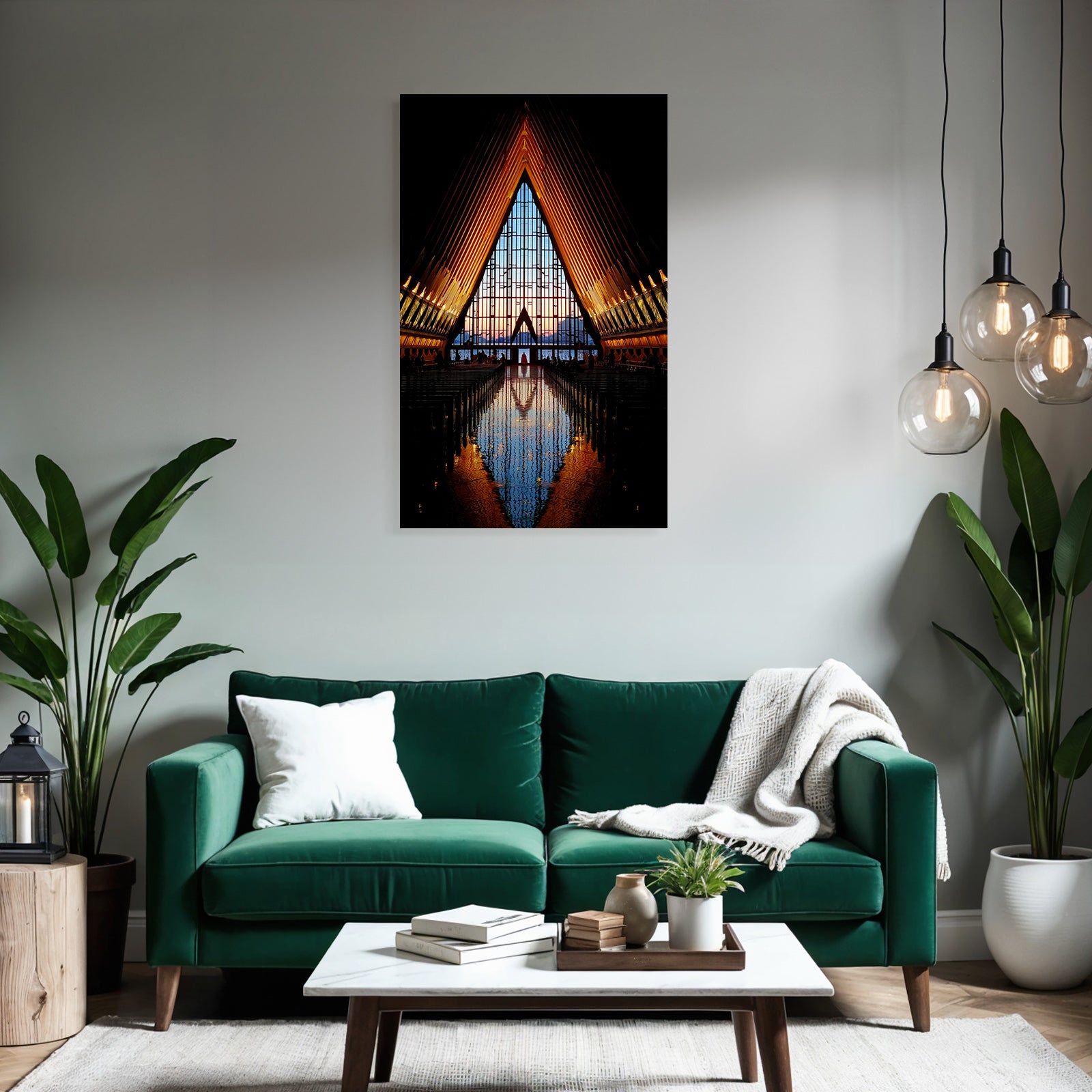 Moderne Moderne Kirche With Triangular Window And Sunset Reflection