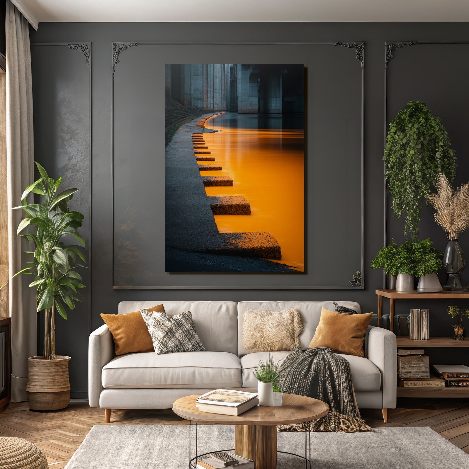 Moderne Ruhige Flussufer Szenen Stein Stufen Reflexion Orange Himmel