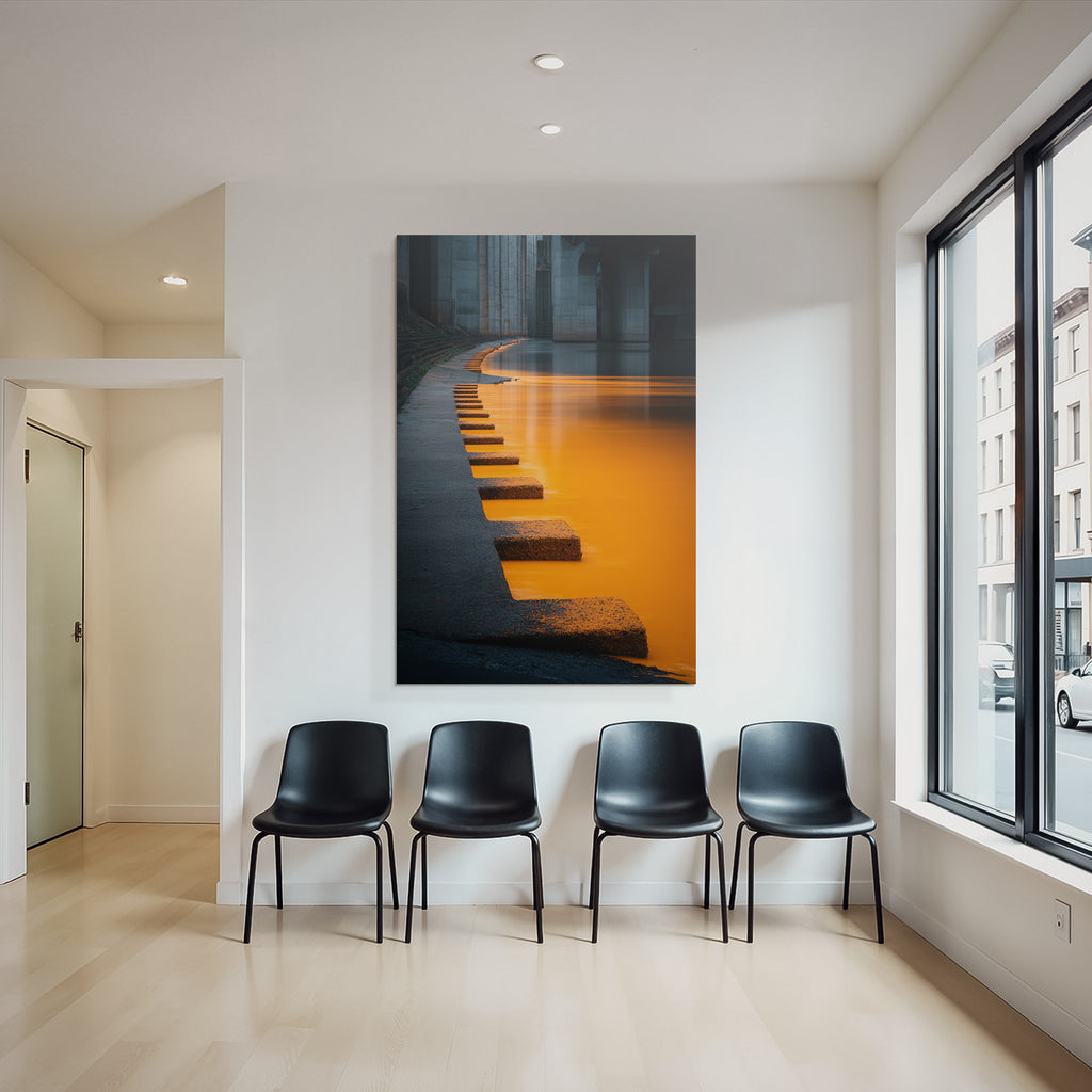 Moderne Ruhige Flussufer Szenen Stein Stufen Reflexion Orange Himmel