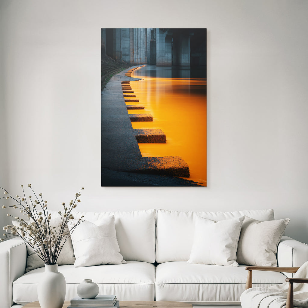 Moderne Ruhige Flussufer Szenen Stein Stufen Reflexion Orange Himmel
