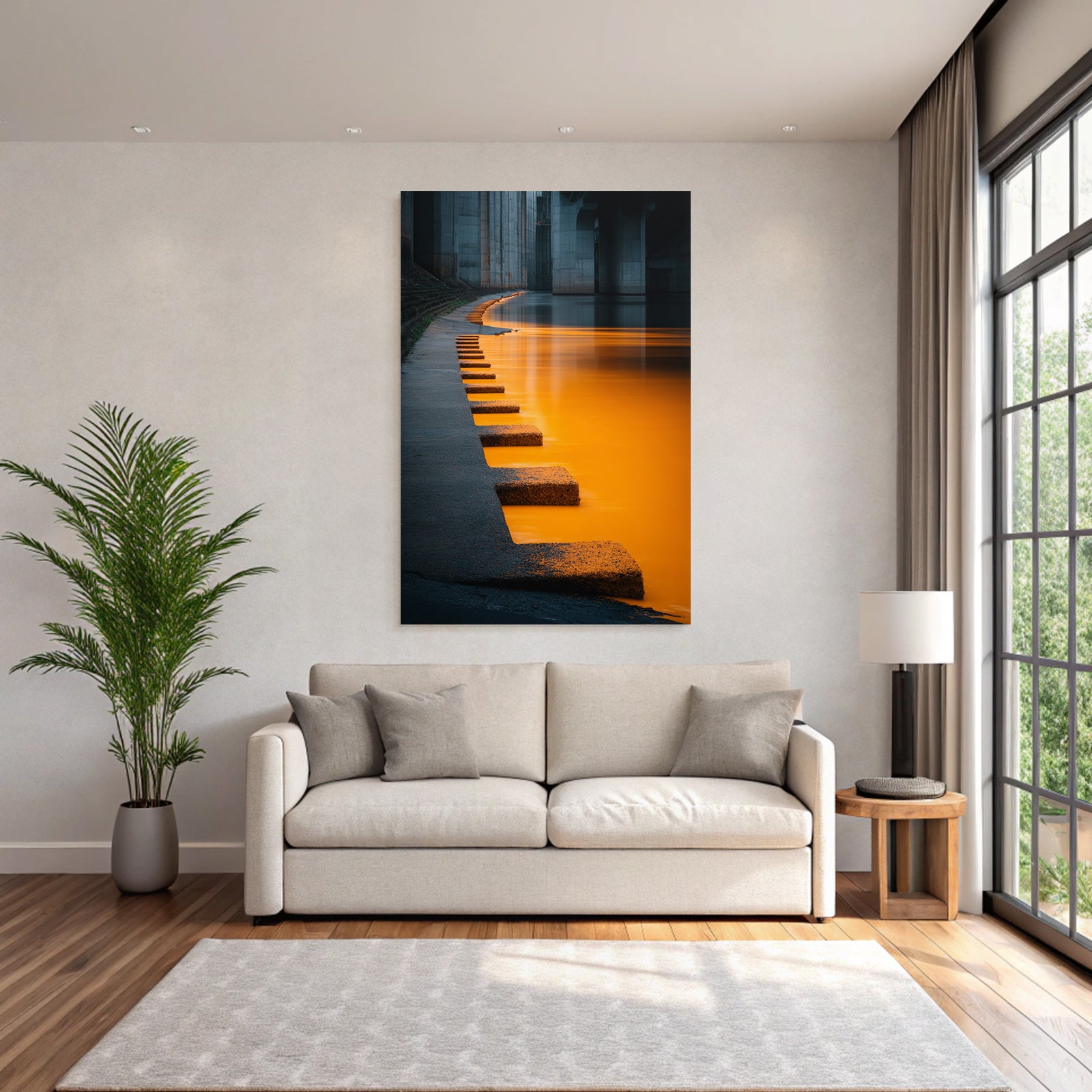 Moderne Ruhige Flussufer Szenen Stein Stufen Reflexion Orange Himmel