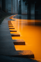 Moderne Ruhige Flussufer Szenen Stein Stufen Reflexion Orange Himmel | Moderne Architektur | Architektur