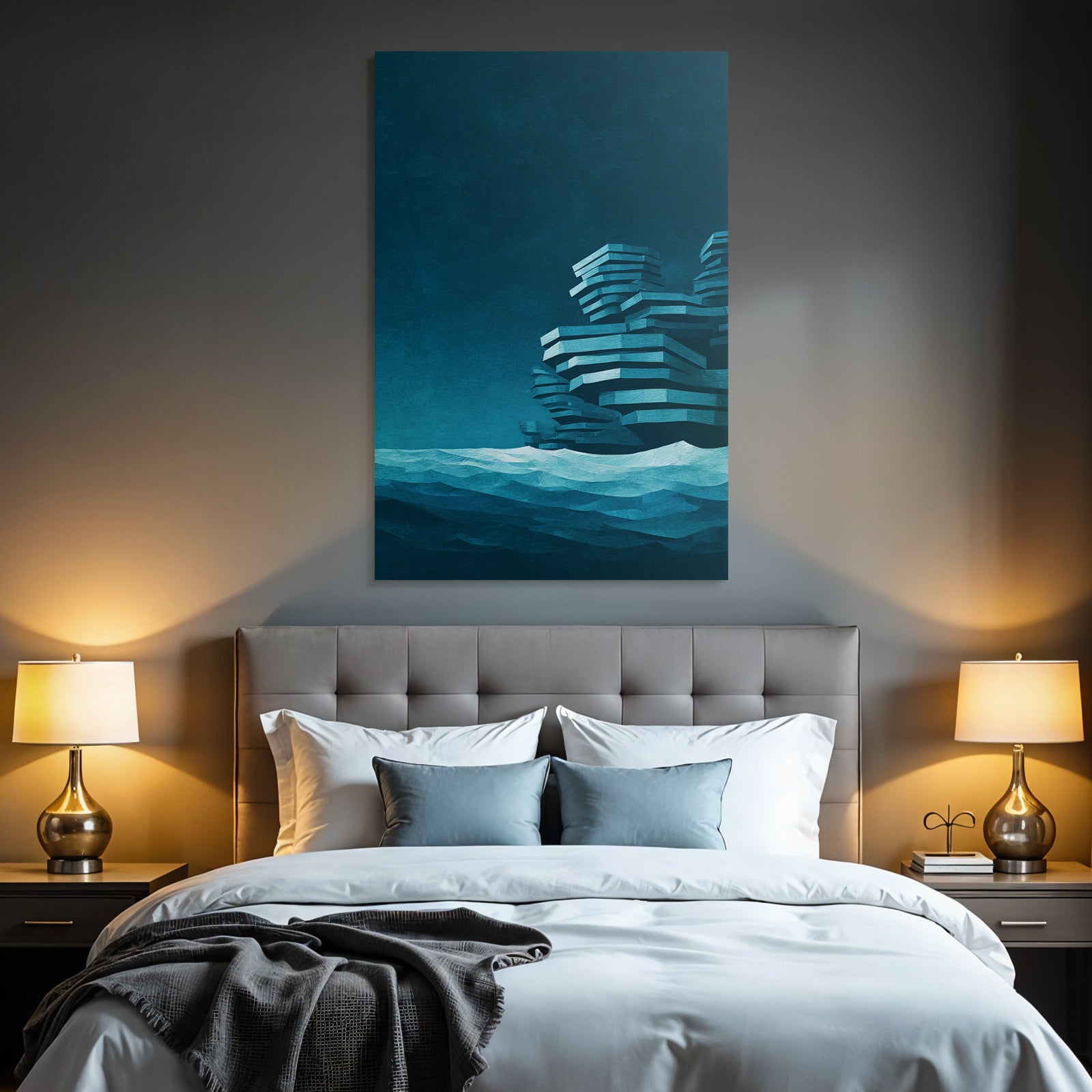 Moderne Seestück Digital Art Abstrakte Geometrien Felsen In Inseln Blau Teal