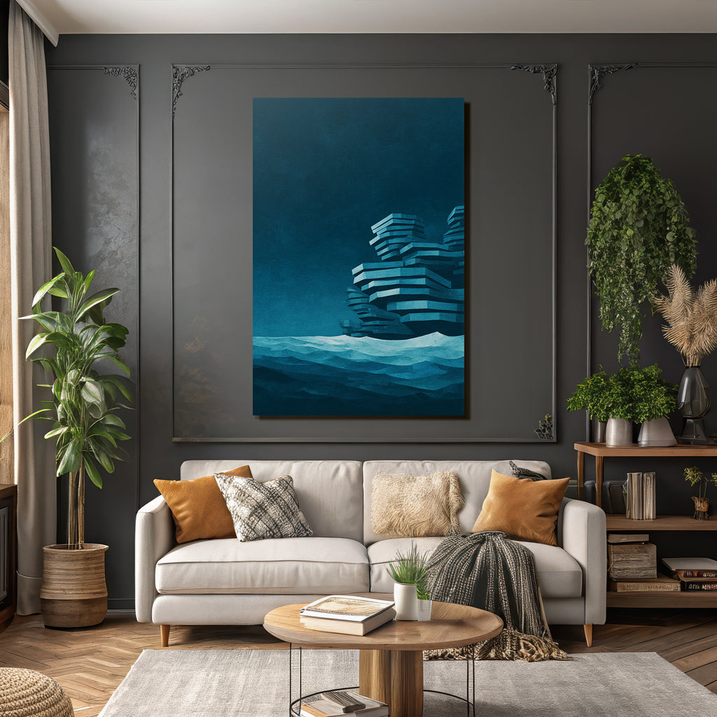 Moderne Seestück Digital Art Abstrakte Geometrien Felsen In Inseln Blau Teal