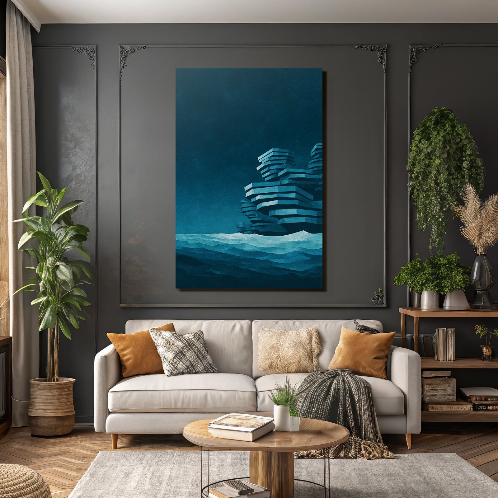 Moderne Seestück Digital Art Abstrakte Geometrien Felsen In Inseln Blau Teal